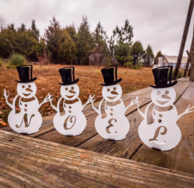 Snowman monogram metal sign, personalized steel winter decor