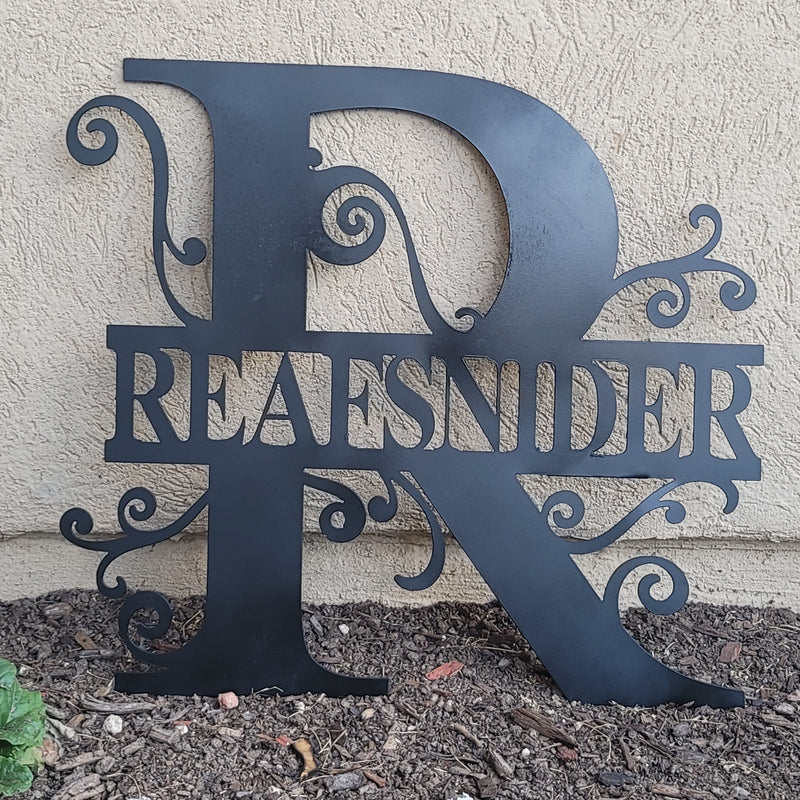Monogram split regal metal wall art, custom steel initial sign