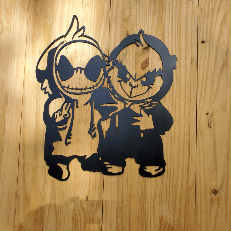 Spooky and grumpy holiday duo metal wall art, whimsical steel decor