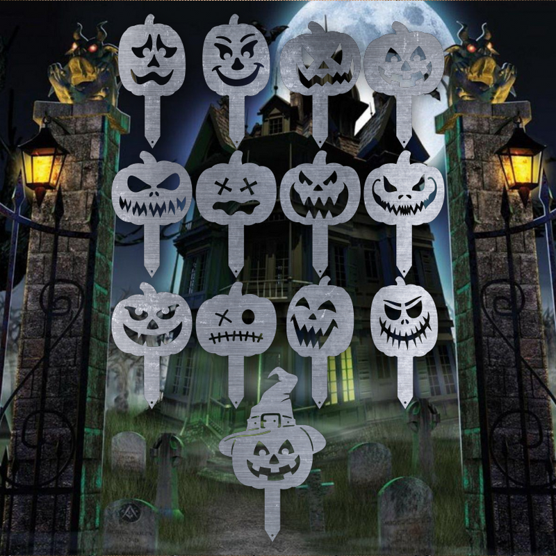 Metal Halloween yard stakes, pumpkin silhouette outdoor decor